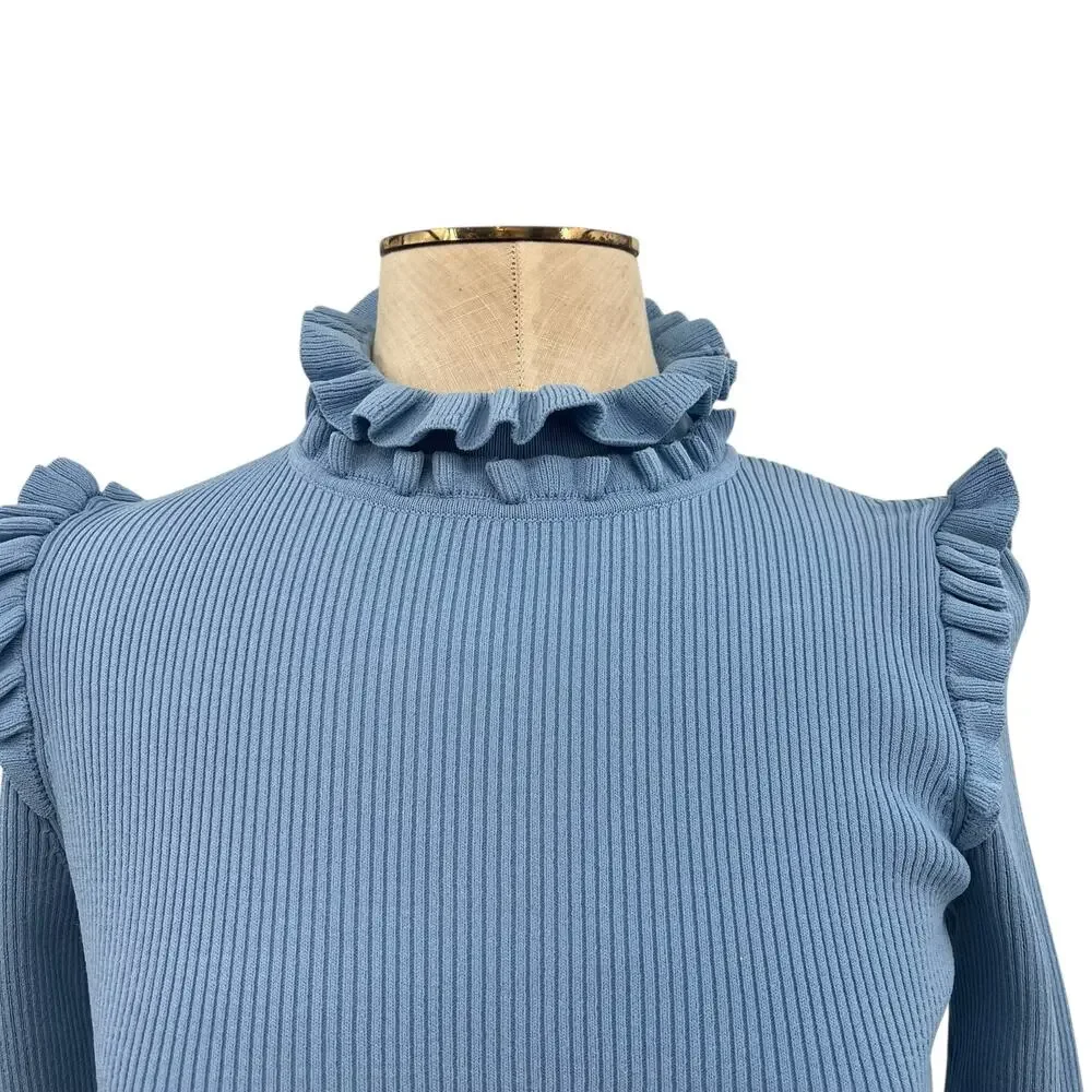 Sandro Spoon Ruffled Sweater Turtleneck Ruffle Cornflower Blue Size 2 US‎ Medium